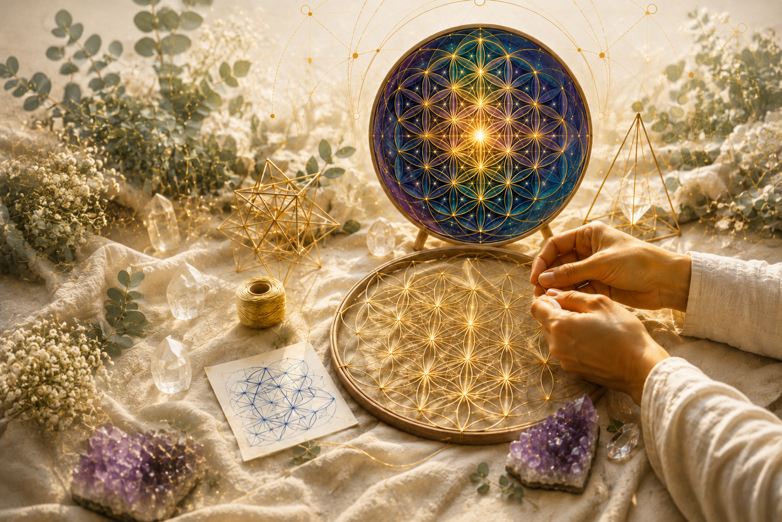 Imagen de Geometría Viva con manos tejiendo una geometría luminosa, cristales y esfera con patrón sagrado